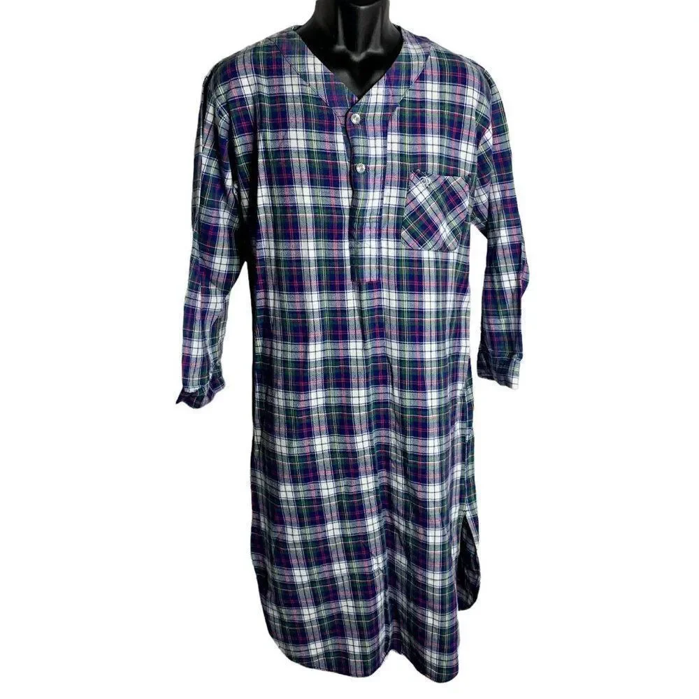 Vintage Mens Oscar de la Renta Nightshirt S Blue Plaid Pocket Button Long Sleeve